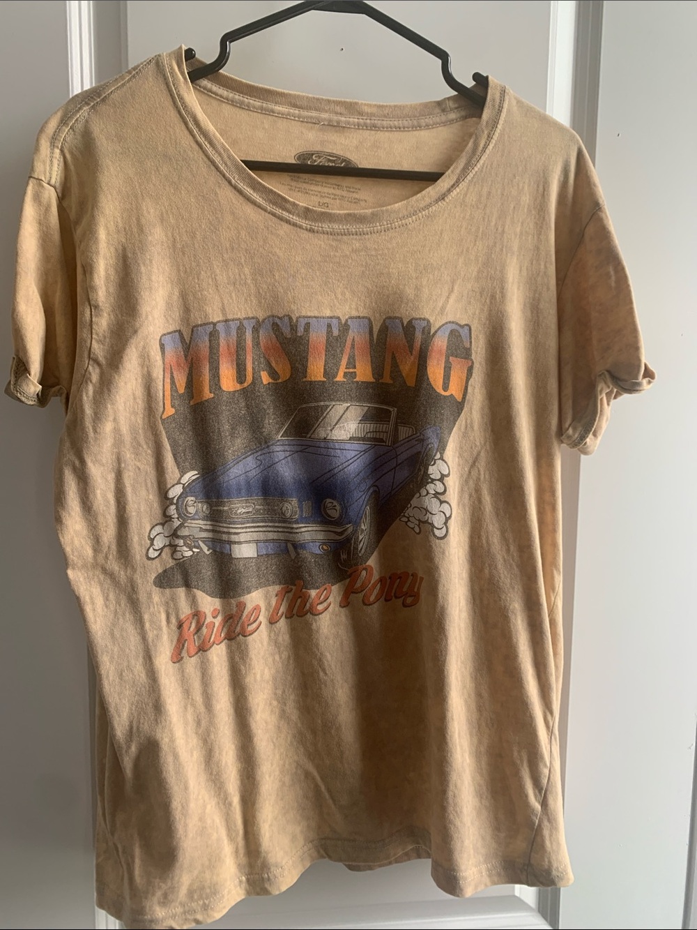 Ford Mustang Graphic Tee in Tan with Blue Mustang Print